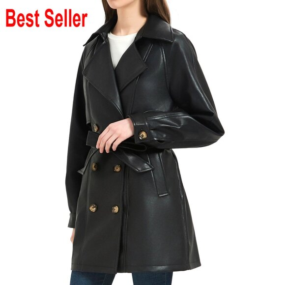 Faux Leather Trench Coat with Belt Double Breasted Mid Length